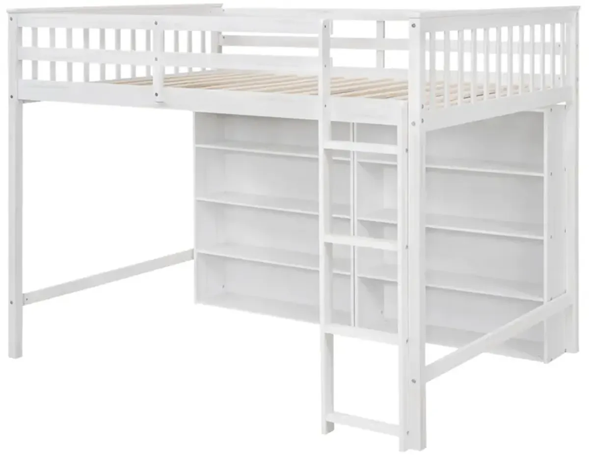 Full Size Loft Bed With 8 Open Storage Shelves And Builtin Ladder, White