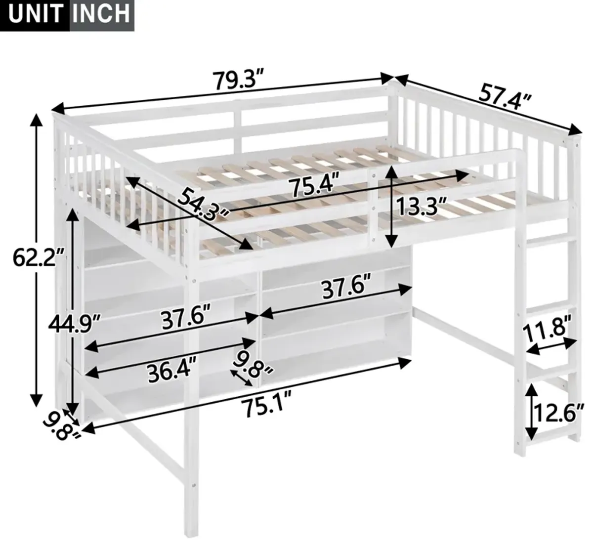 Full Size Loft Bed With 8 Open Storage Shelves And Builtin Ladder, White