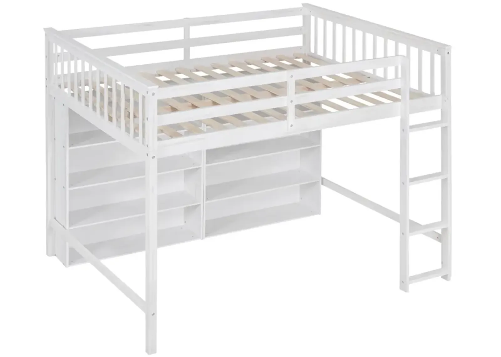 Full Size Loft Bed With 8 Open Storage Shelves And Builtin Ladder, White