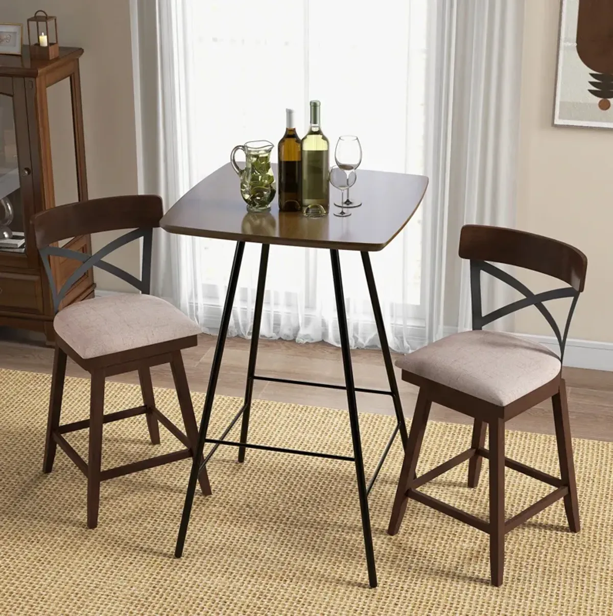 Set of 2 Wooden Swivel Bar Stools with Cushioned Seat and Open X Back-25 Inch