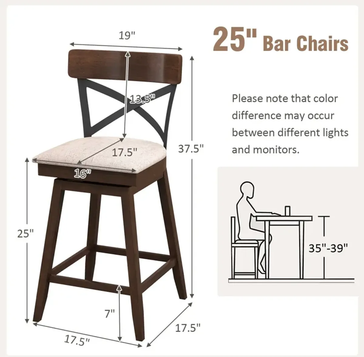 Set of 2 Wooden Swivel Bar Stools with Cushioned Seat and Open X Back-25 Inch