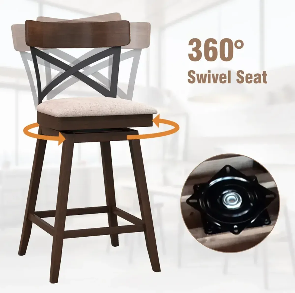 Set of 2 Wooden Swivel Bar Stools with Cushioned Seat and Open X Back-25 Inch