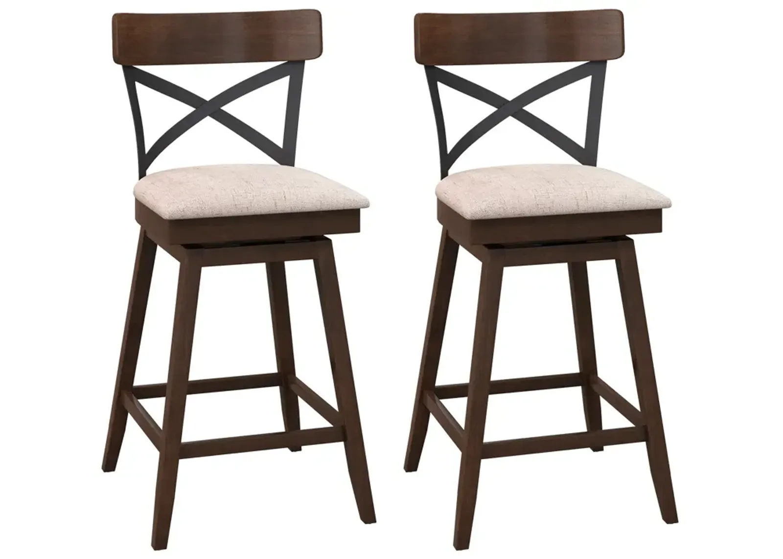 Set of 2 Wooden Swivel Bar Stools with Cushioned Seat and Open X Back-25 Inch