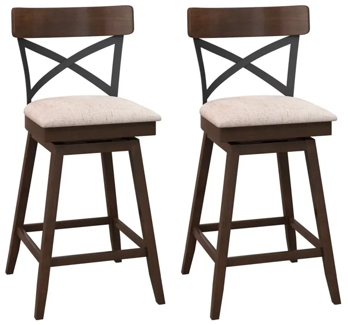 Set of 2 Wooden Swivel Bar Stools with Cushioned Seat and Open X Back-25 Inch