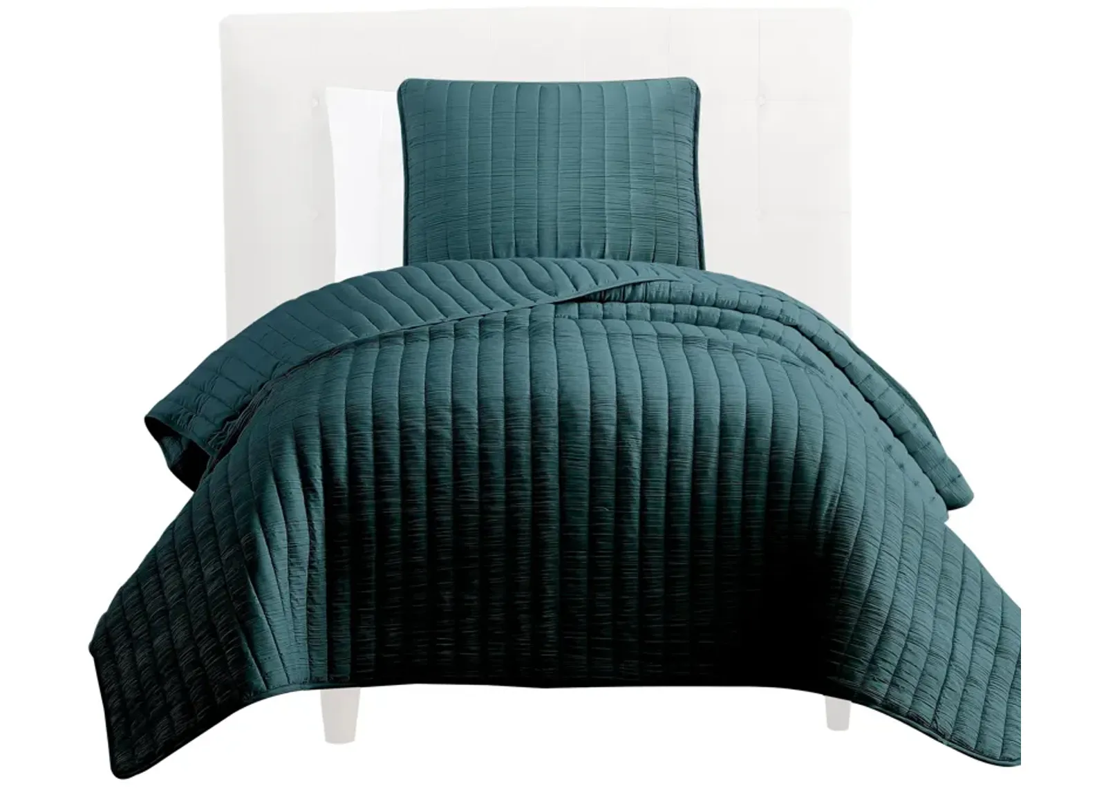 Elia Twin Contemporary Quilt Coverlet Set with Crinkle Texture, Teal Green - Benzara