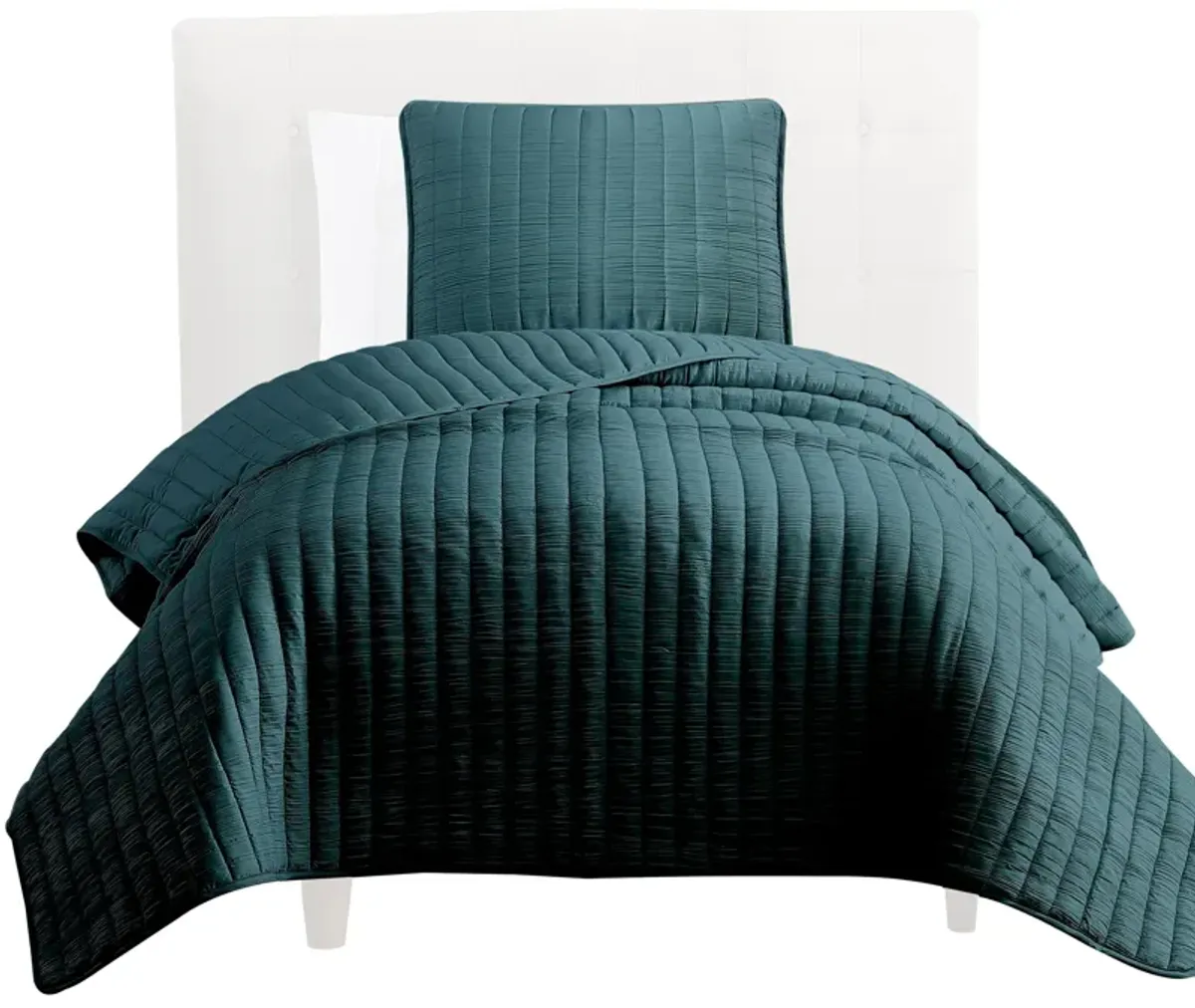 Elia Twin Contemporary Quilt Coverlet Set with Crinkle Texture, Teal Green - Benzara