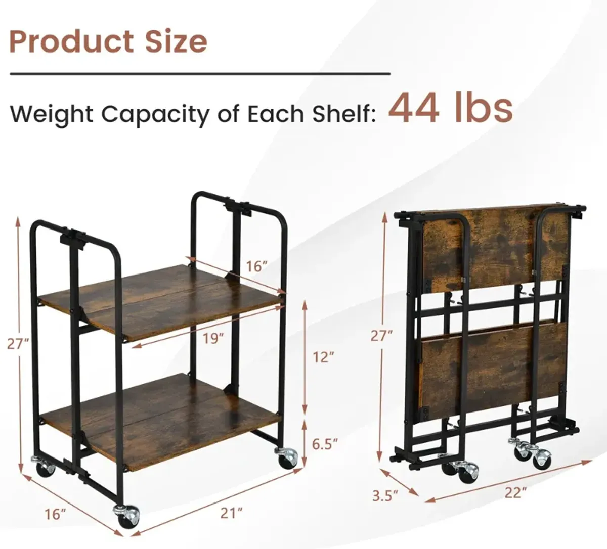 Foldable Rolling Cart with Storage Shelves for Kitchen