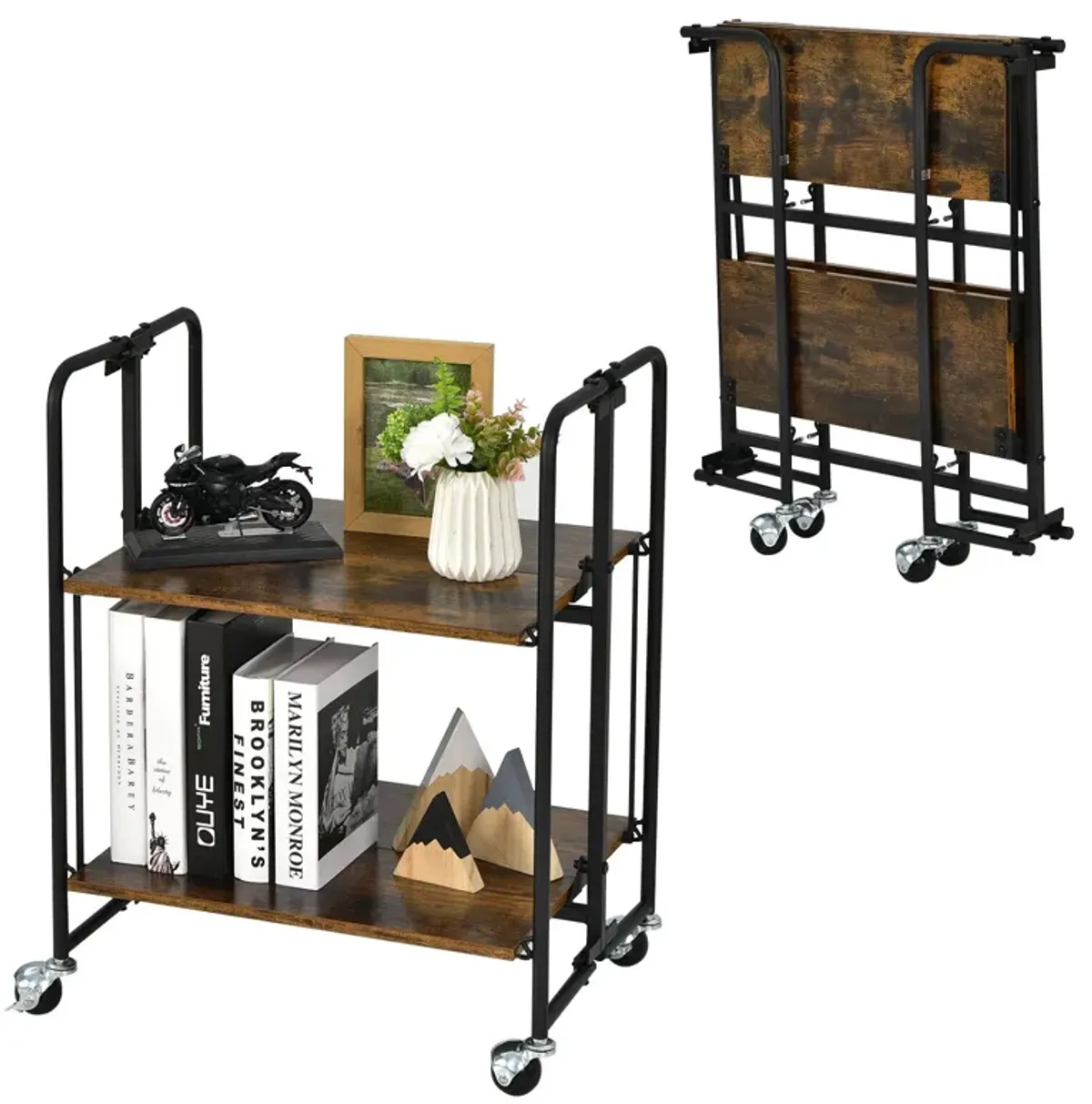 Foldable Rolling Cart with Storage Shelves for Kitchen