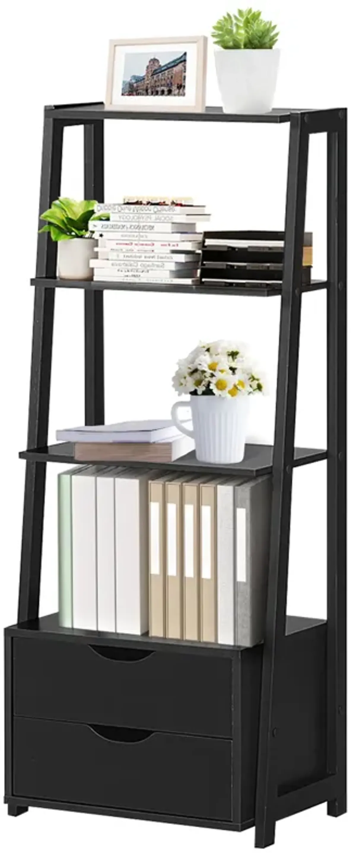 4-Tier Ladder Bookshelf Storage Display with 2 Drawers