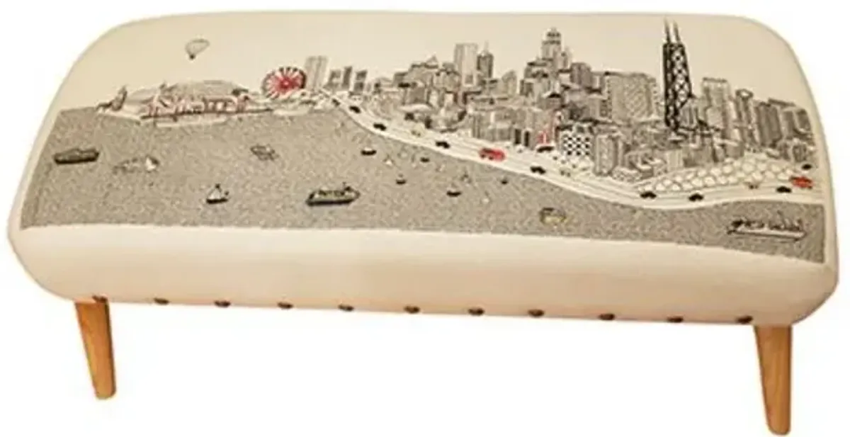 38" White Chicago Daylight Skyline Embroidered Ottoman