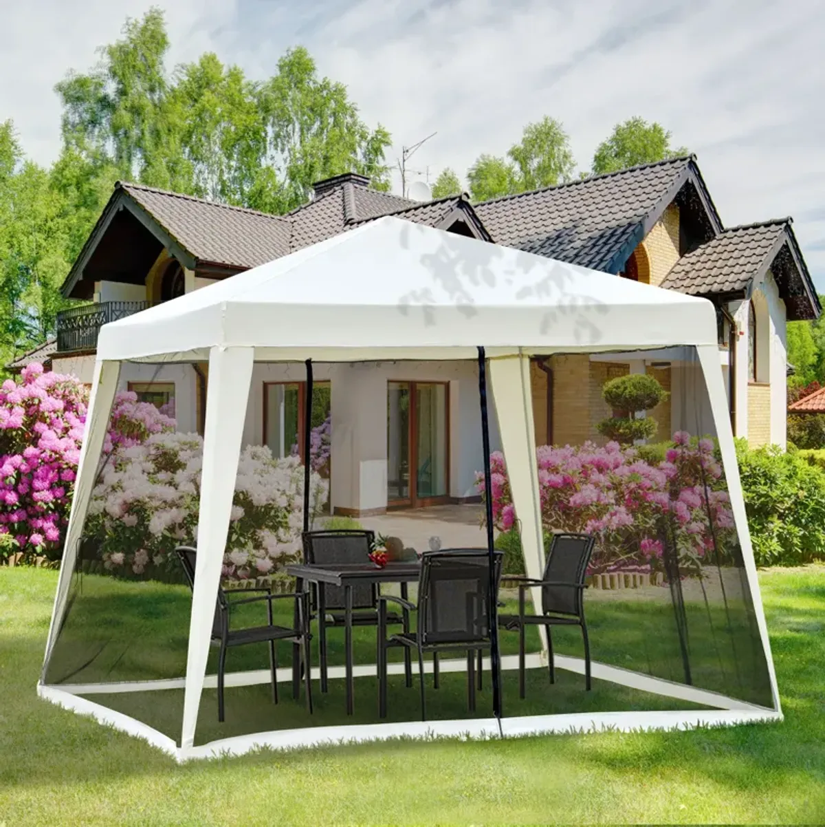 Beige Patio Sanctuary: 10x10 Outdoor Canopy Tent with Mesh Walls