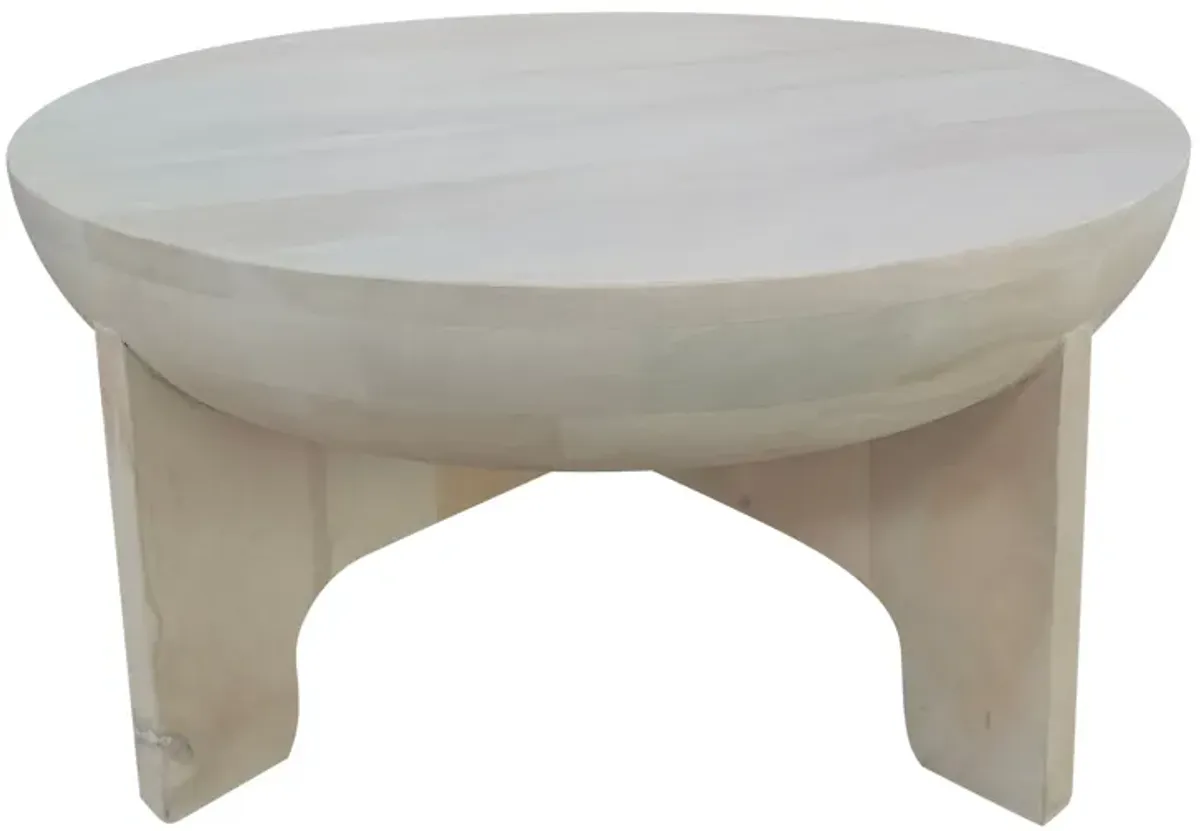 Tomas 32 Inch Coffee Table, Mango Wood Drum Top, Classic Washed White - Benzara