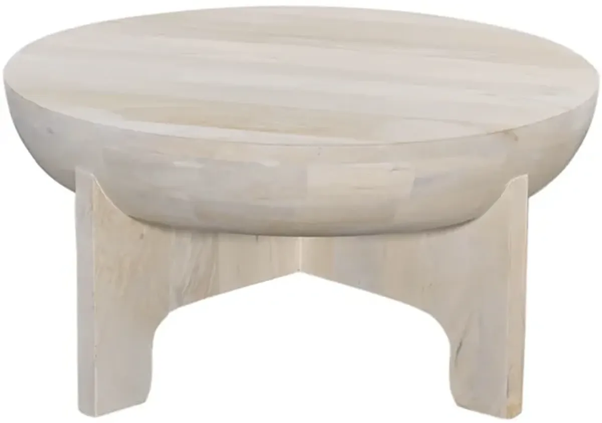 Tomas 32 Inch Coffee Table, Mango Wood Drum Top, Classic Washed White - Benzara