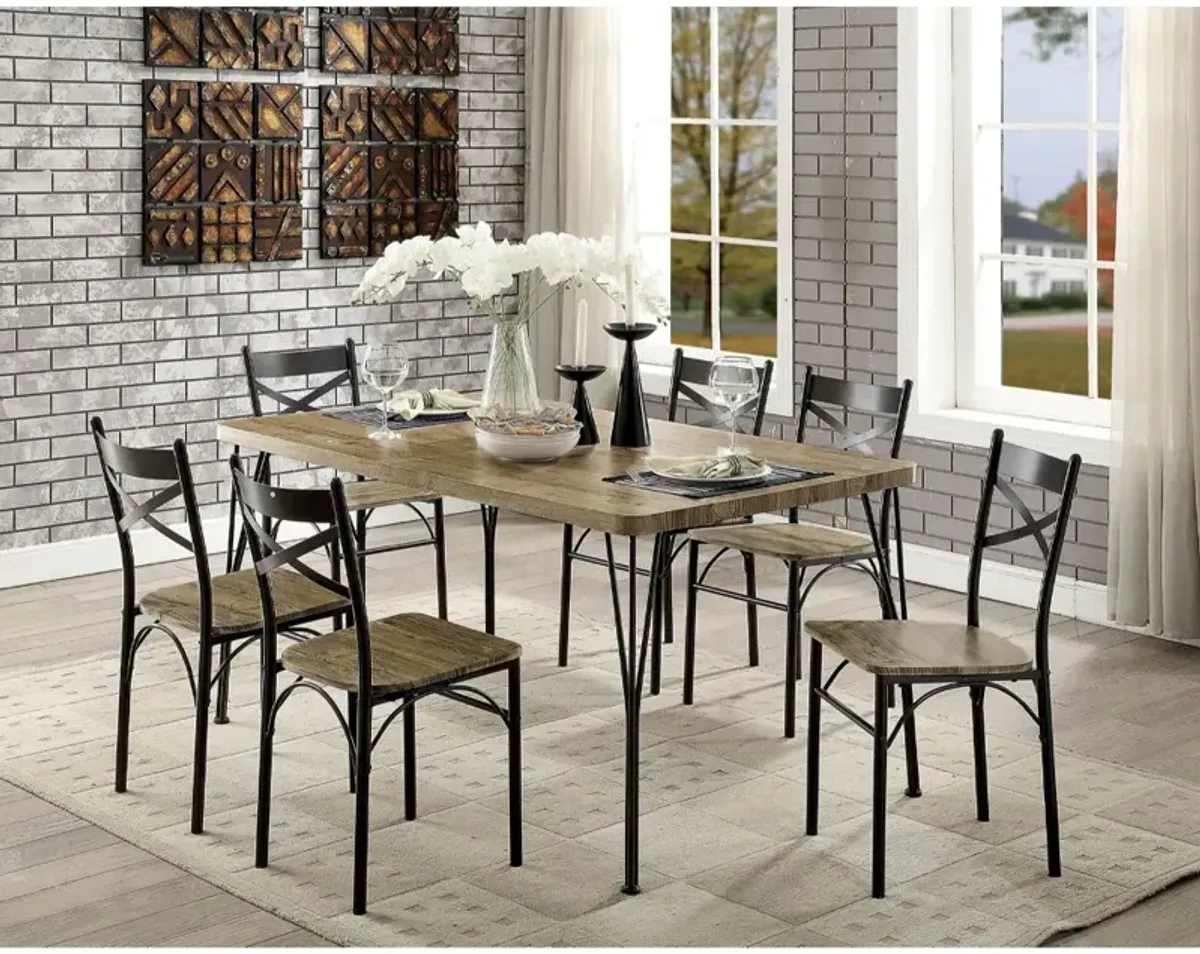 7 Piece Wooden Dining Table Set In Gray and Weathered Brown-Benzara