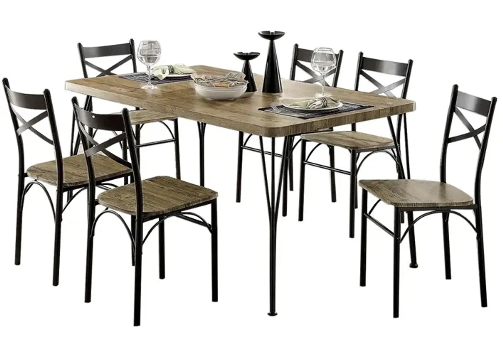 7 Piece Wooden Dining Table Set In Gray and Weathered Brown-Benzara