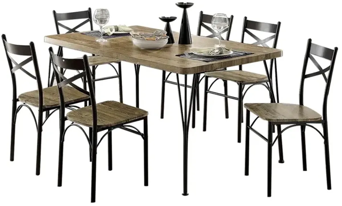 7 Piece Wooden Dining Table Set In Gray and Weathered Brown-Benzara