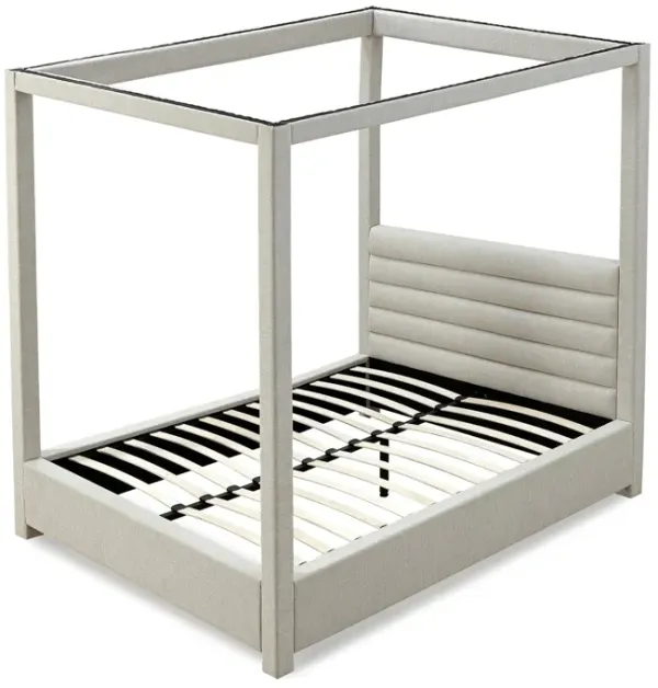Riu King Size Canopy Bed, Panel Headboard with Tufted Gray Linen Upholstery - Benzara
