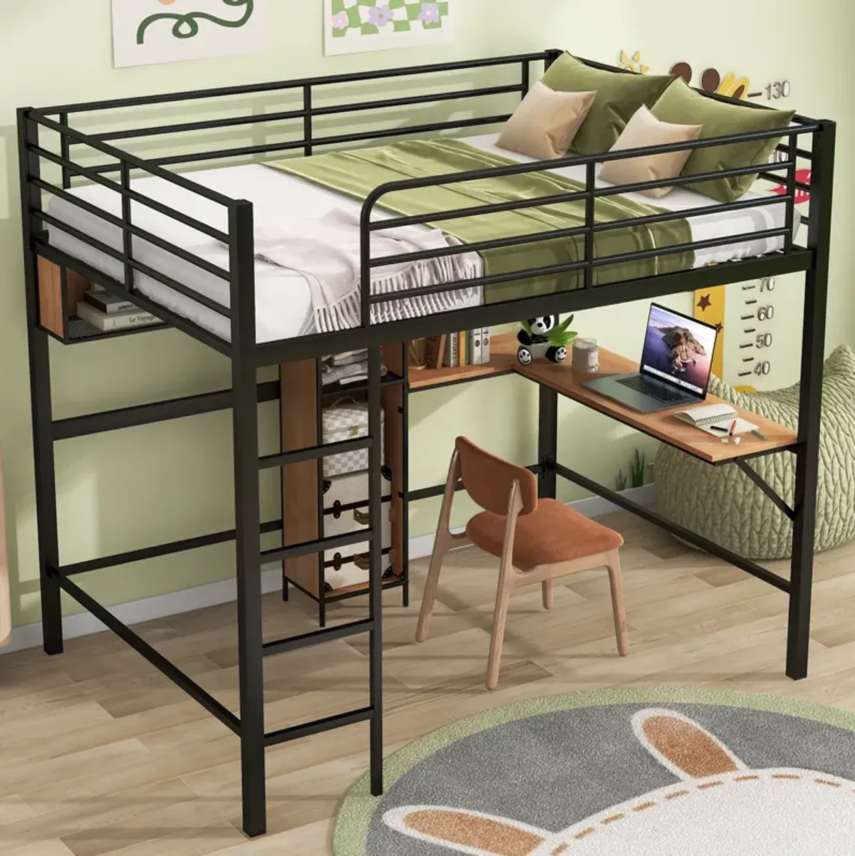 Whisen Modern Full Size Metal & Wood Loft Bed with L-shaped Desk and Shelves - Black & Walnut