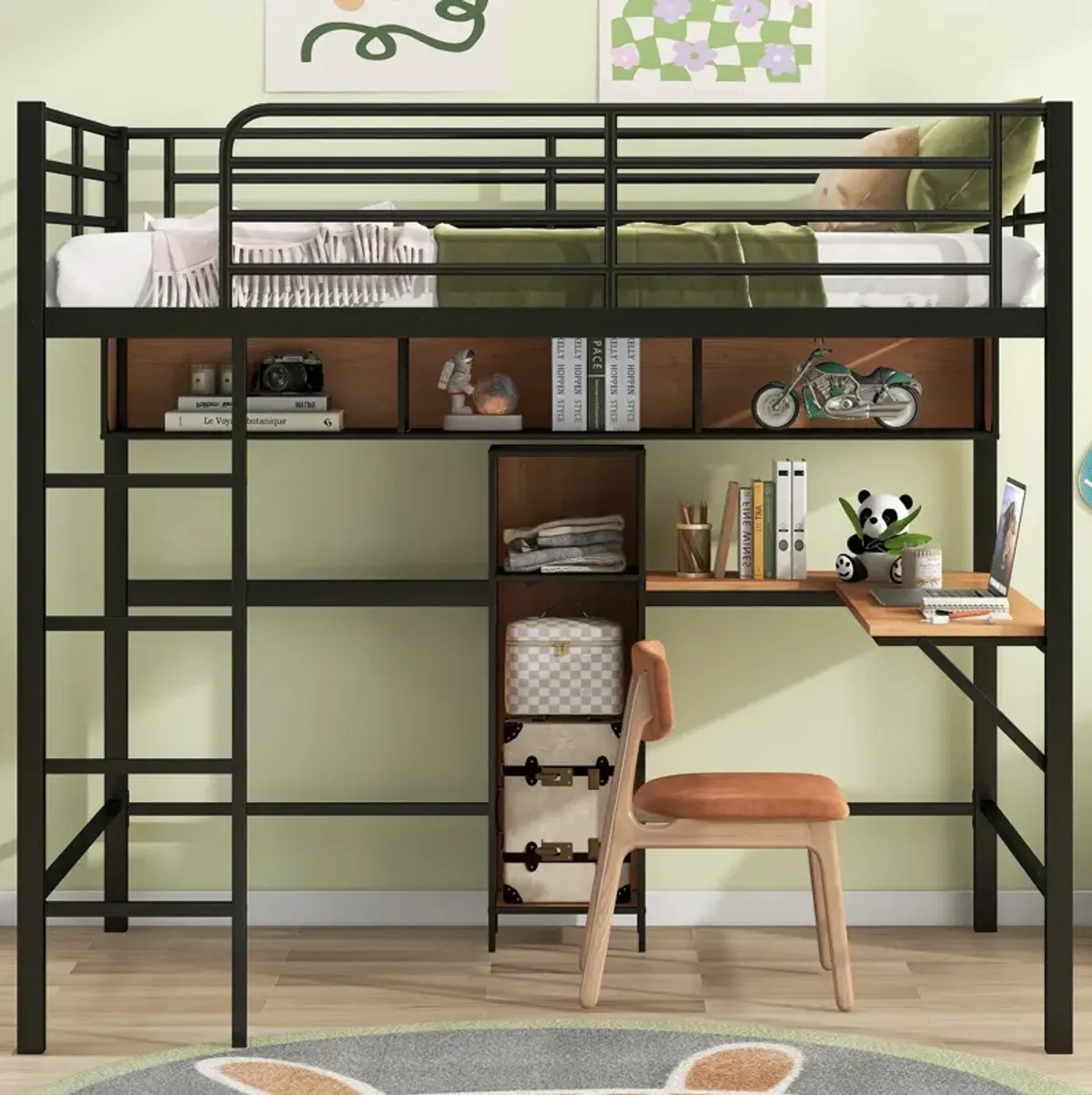 Whisen Modern Full Size Metal & Wood Loft Bed with L-shaped Desk and Shelves - Black & Walnut