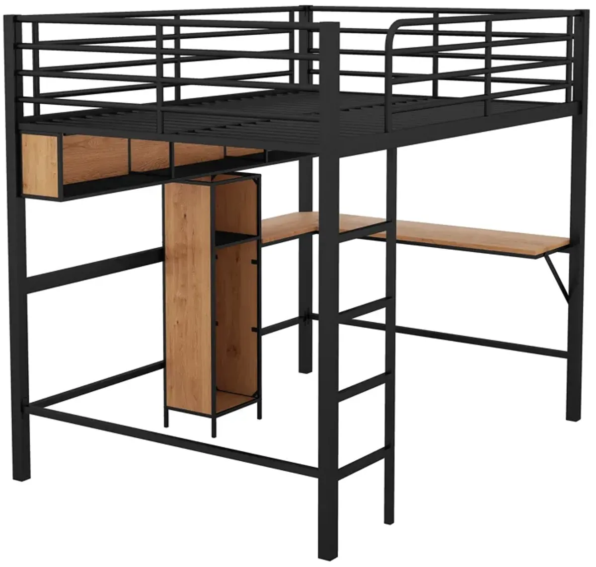 Whisen Modern Full Size Metal & Wood Loft Bed with L-shaped Desk and Shelves - Black & Walnut
