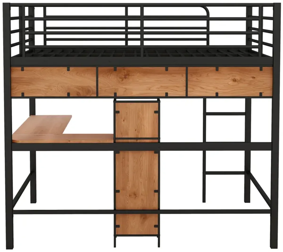 Whisen Modern Full Size Metal & Wood Loft Bed with L-shaped Desk and Shelves - Black & Walnut