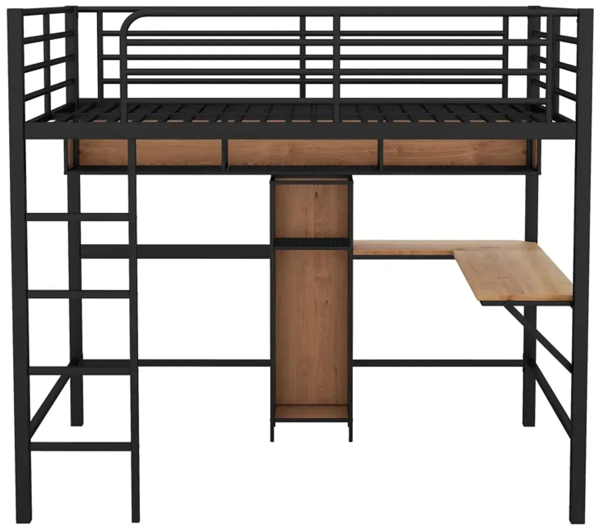 Whisen Modern Full Size Metal & Wood Loft Bed with L-shaped Desk and Shelves - Black & Walnut