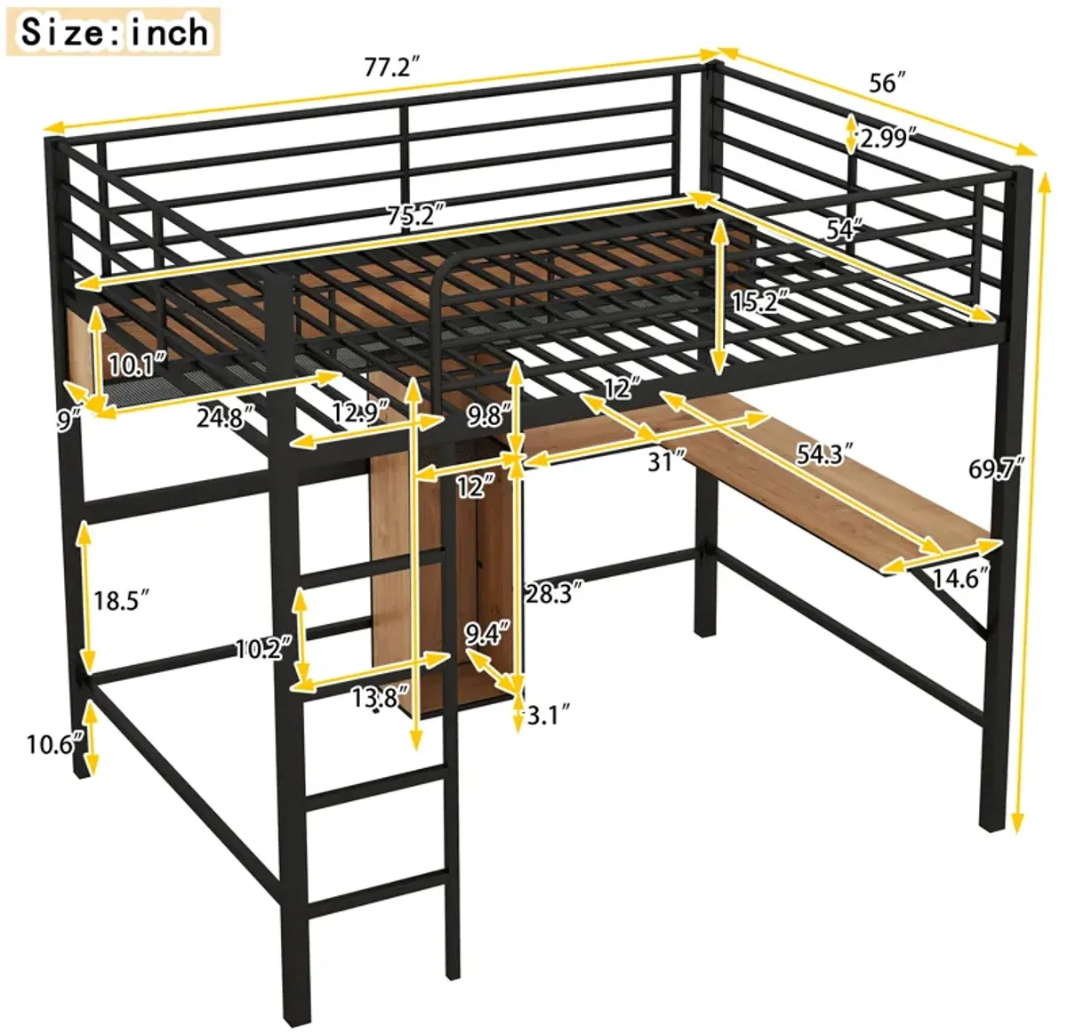 Whisen Modern Full Size Metal & Wood Loft Bed with L-shaped Desk and Shelves - Black & Walnut