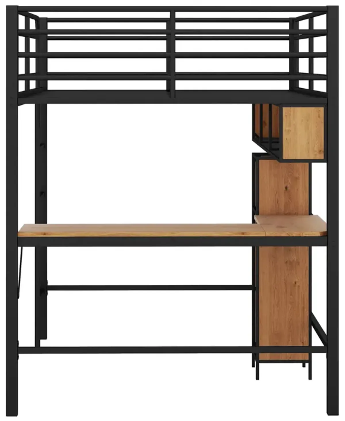 Whisen Modern Full Size Metal & Wood Loft Bed with L-shaped Desk and Shelves - Black & Walnut