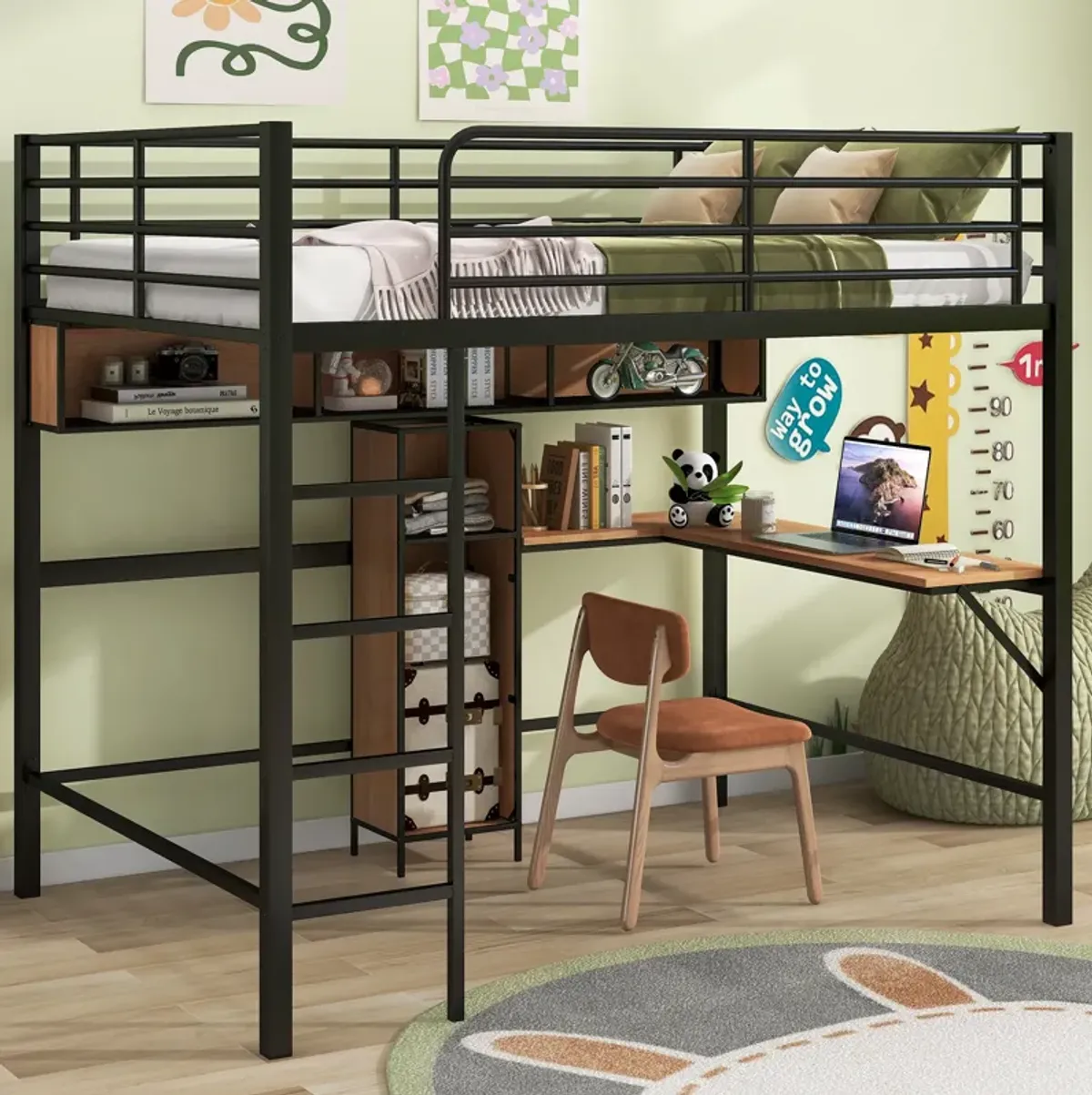 Whisen Modern Full Size Metal & Wood Loft Bed with L-shaped Desk and Shelves - Black & Walnut