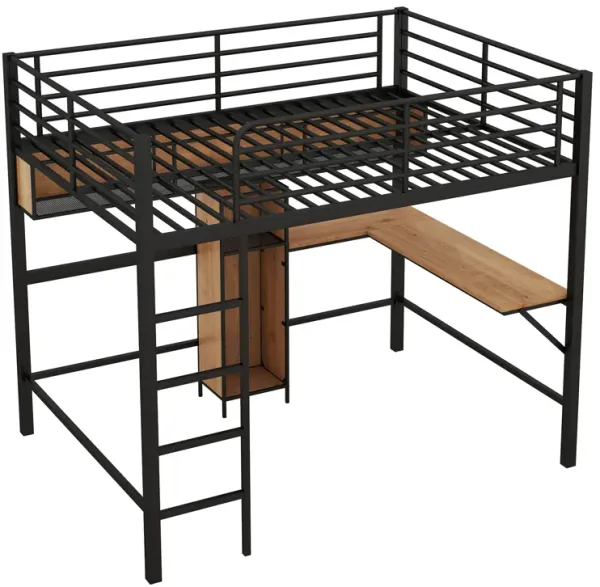 Whisen Modern Full Size Metal & Wood Loft Bed with L-shaped Desk and Shelves - Black & Walnut
