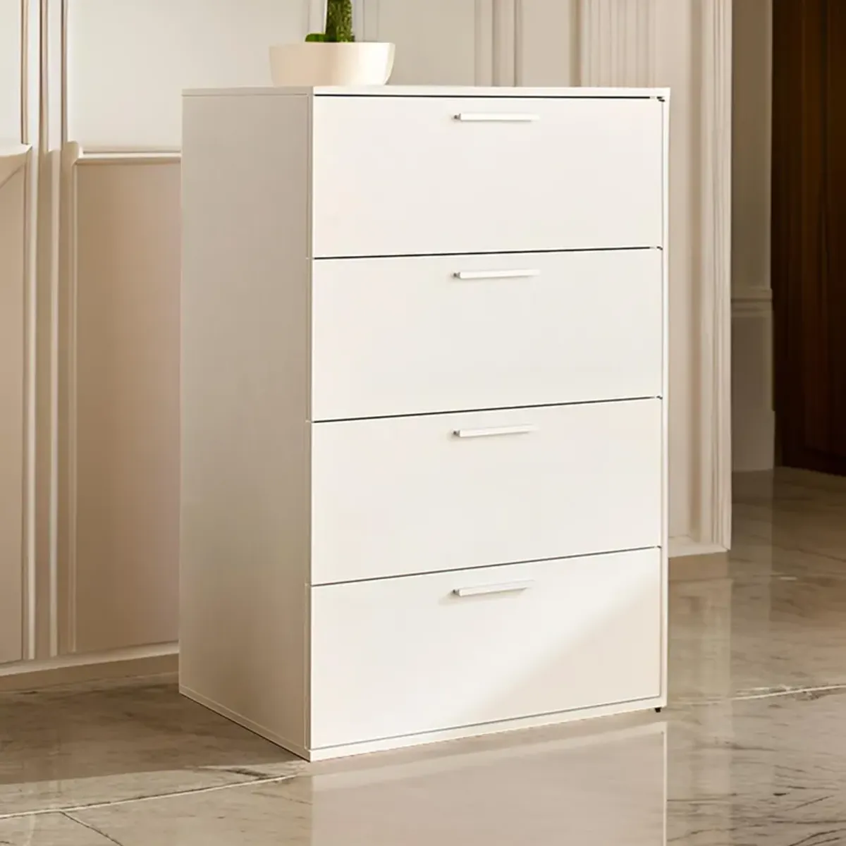 Levy Tall Dresser Chest, 4 Jumbo Drawers, Farmhouse White Wood Finish - Benzara