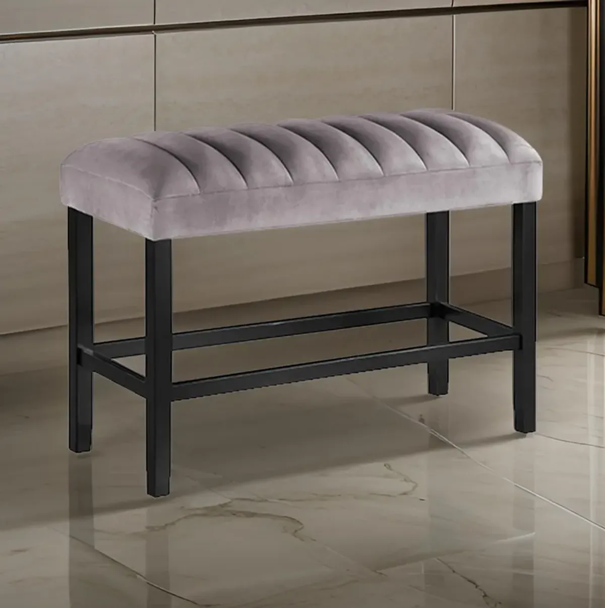 Marcus 38 Inch Counter Height Bench, Wood Frame, Fabric Upholstery, Gray - Benzara