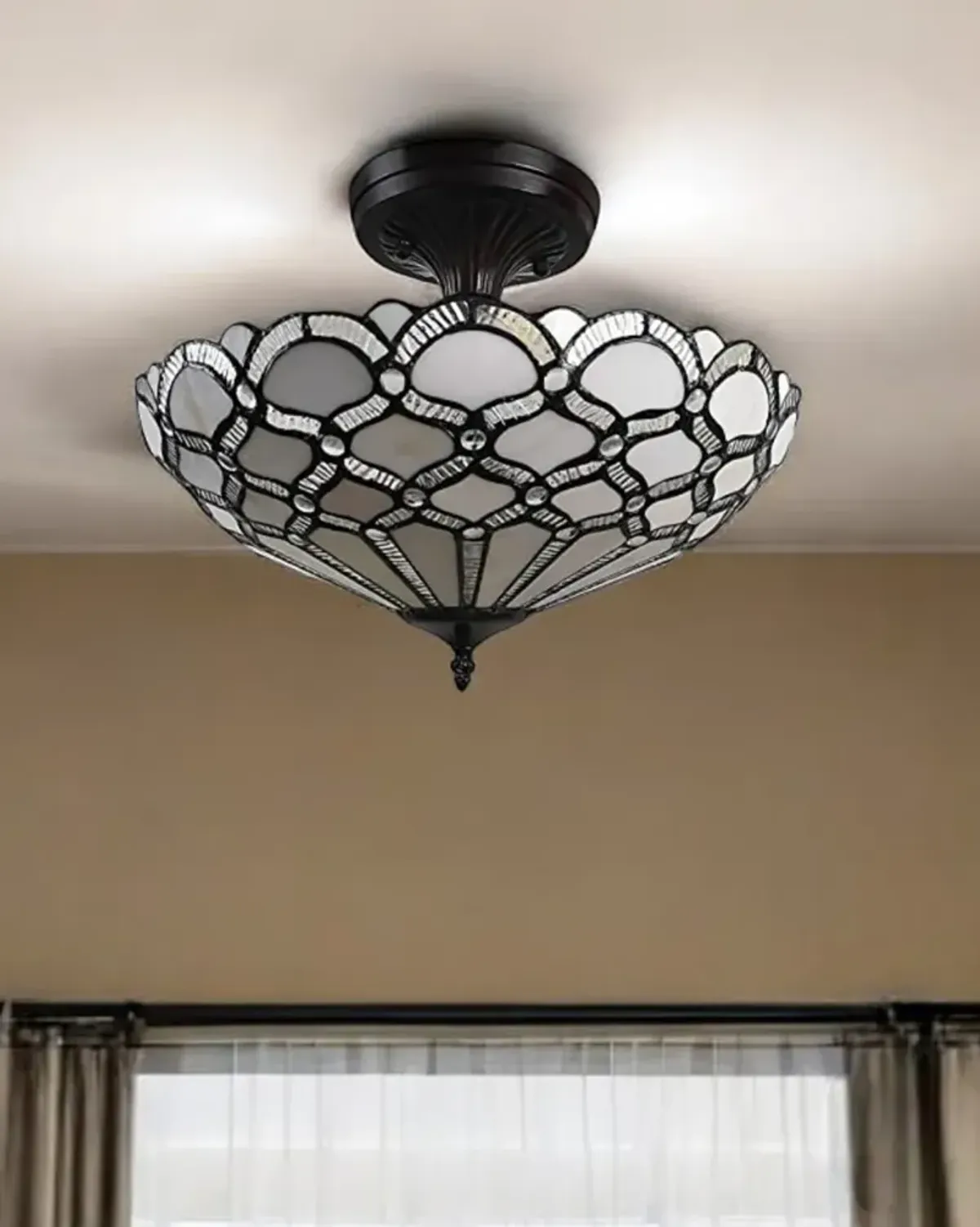 Hivvago Black and Gray Two Light Tiffany Style Semi Flush Dimmable Ceiling LIght