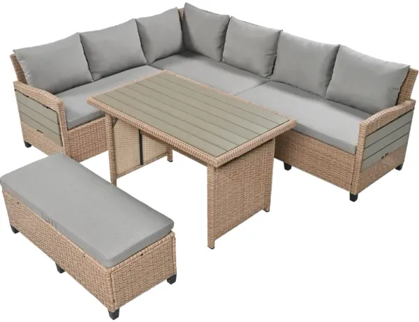 Whisen 5-Piece Outdoor Rattan Sofa Set, Patio PE Wicker Garden Furniture Set with 2 Extendable Side Tables - Brown