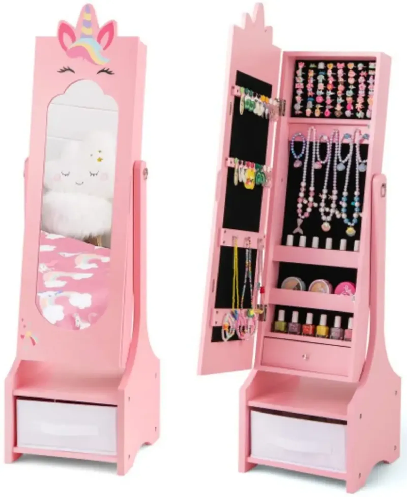 Kids Jewelry Cabinet with Full-Length Mirror for Kids Bedroom and Playroom