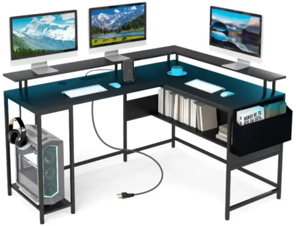 Hivvago L-Shaped Gaming Desk with LED Lights and Power Outlets Home Office Computer Desk
