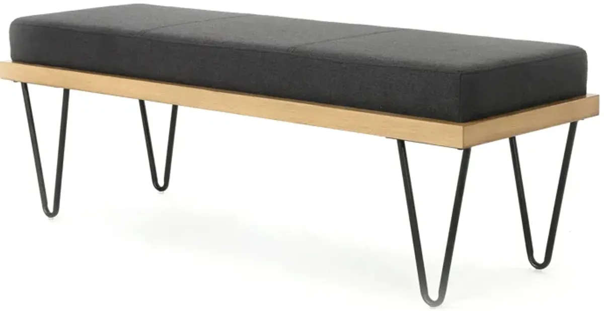 Accent Bench, 47 Inch, Dark Gray Polyester Cushion, Black Hairpin Legs - Benzara