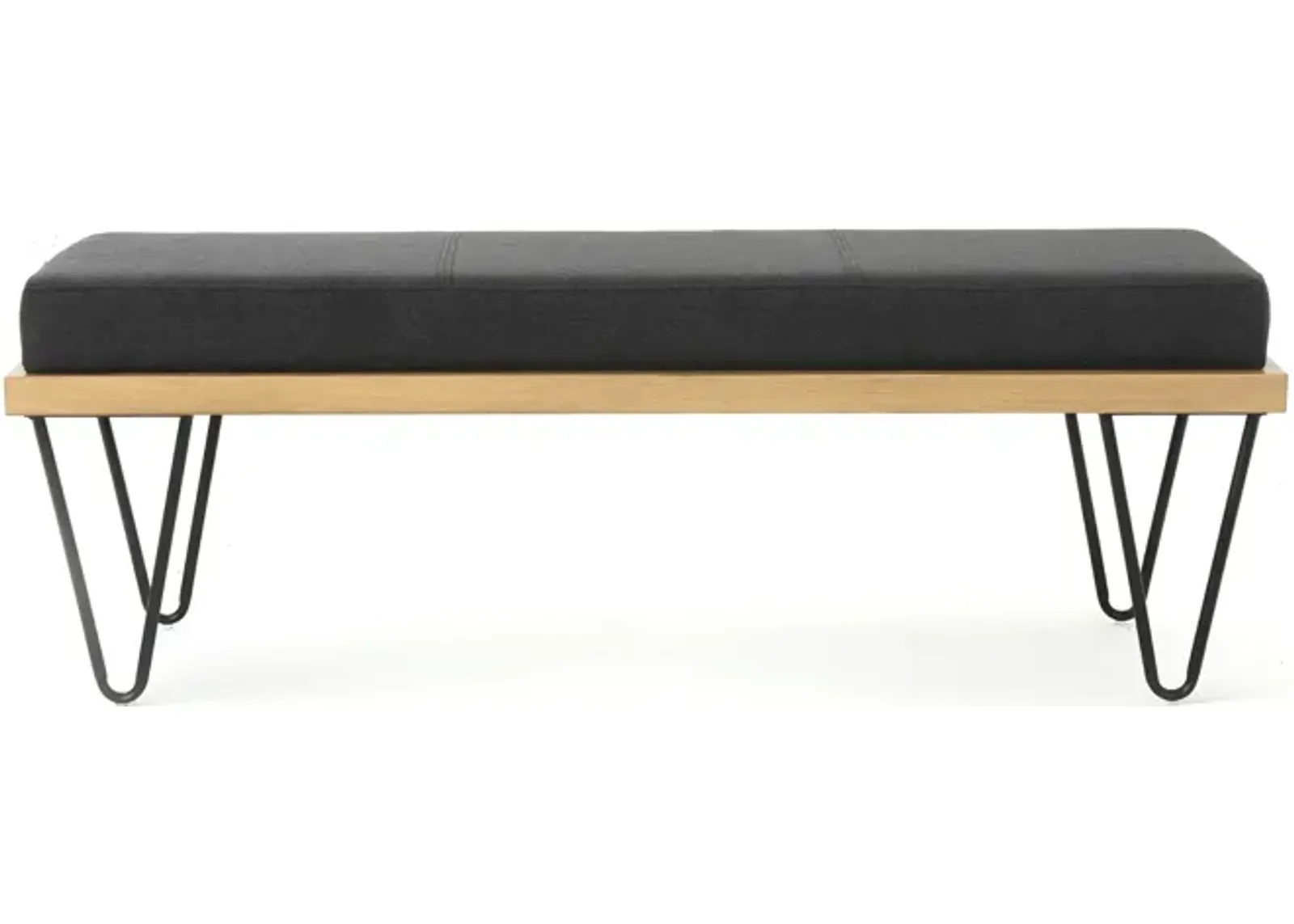 Accent Bench, 47 Inch, Dark Gray Polyester Cushion, Black Hairpin Legs - Benzara