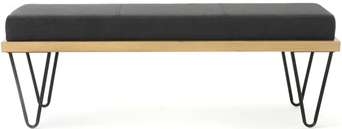 Accent Bench, 47 Inch, Dark Gray Polyester Cushion, Black Hairpin Legs - Benzara