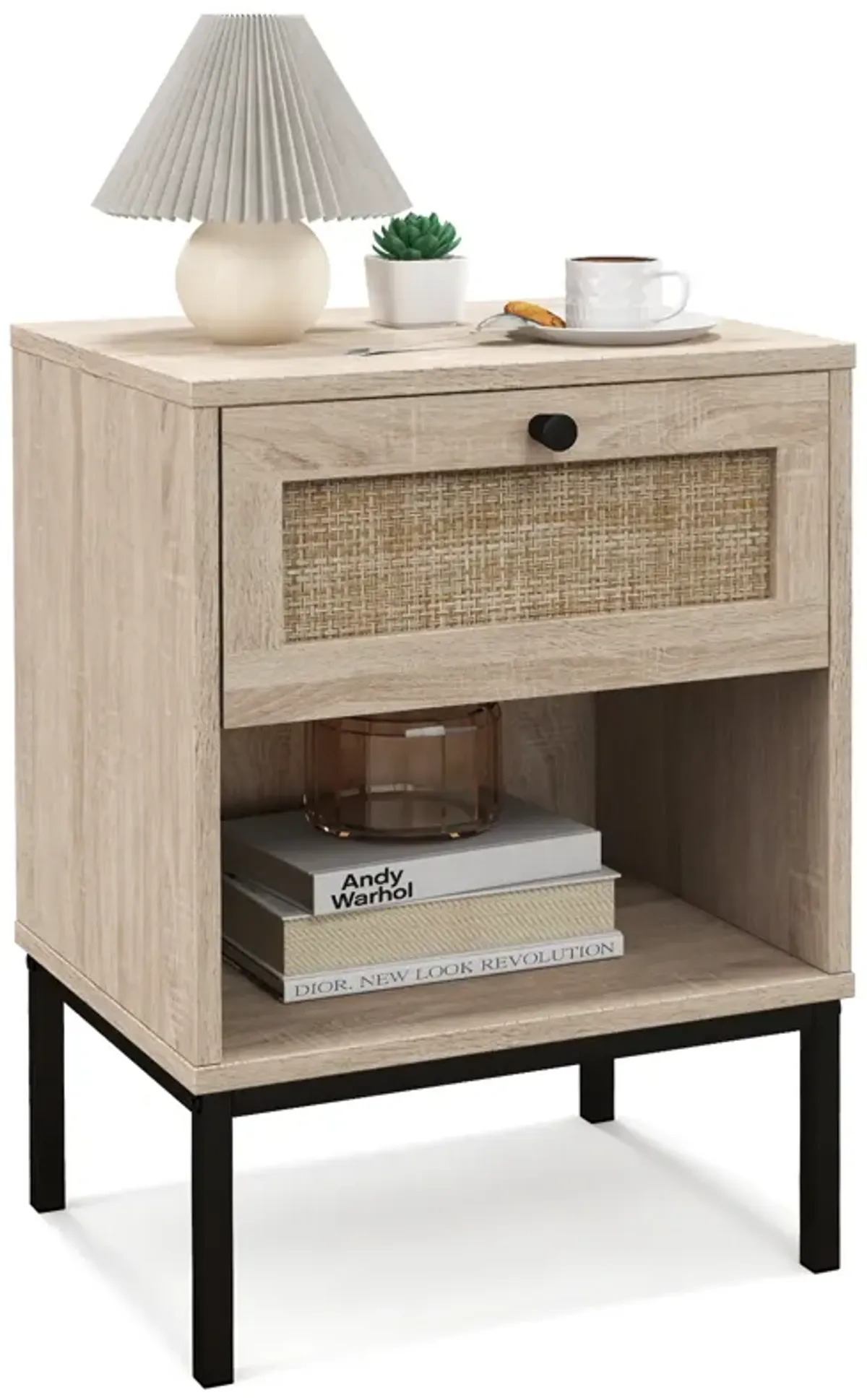 Rattan Nightstand Boho End Table with Rattan Drawer & Open Shelf-Oak