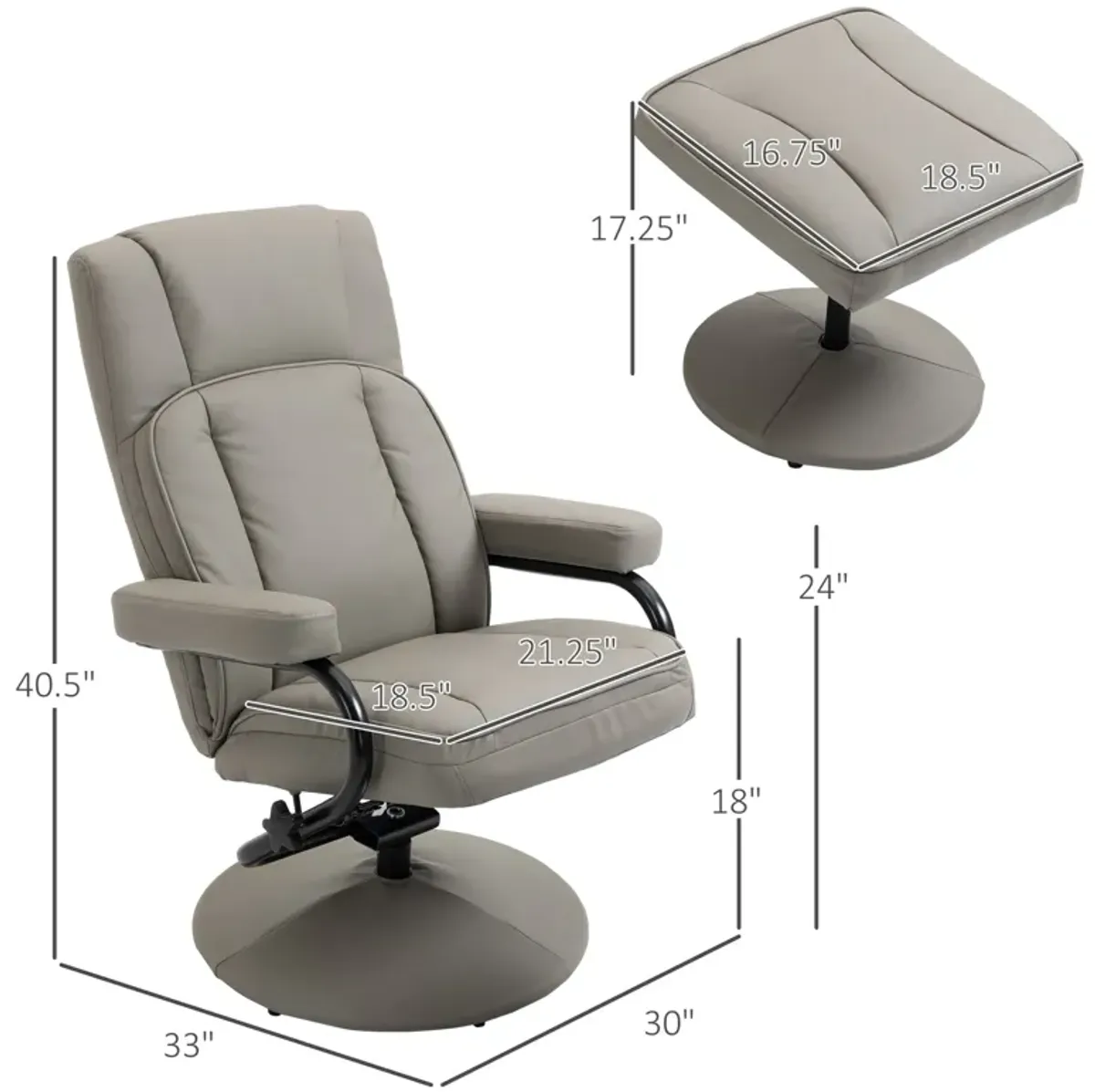 Grey Living Room Set: Swivel Recliner with Ottoman in PU Leather