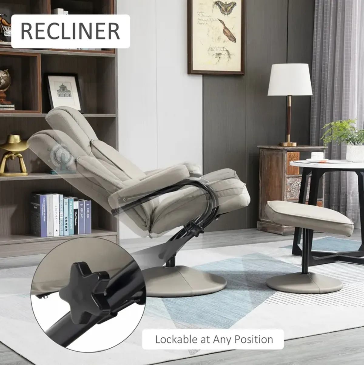 Grey Living Room Set: Swivel Recliner with Ottoman in PU Leather