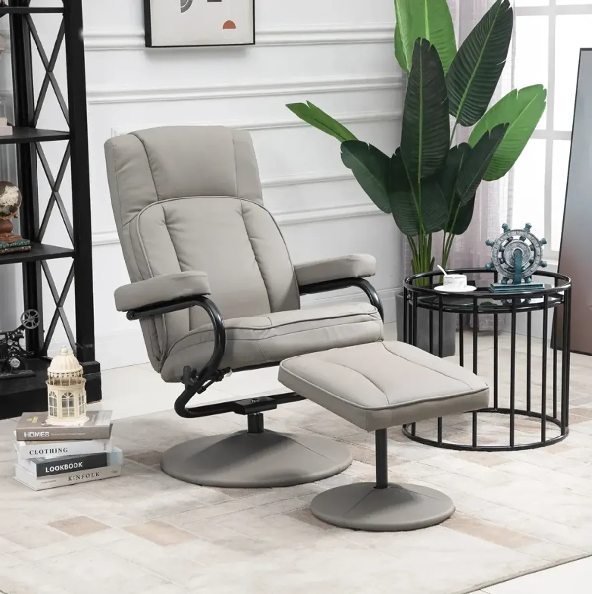 Grey Living Room Set: Swivel Recliner with Ottoman in PU Leather