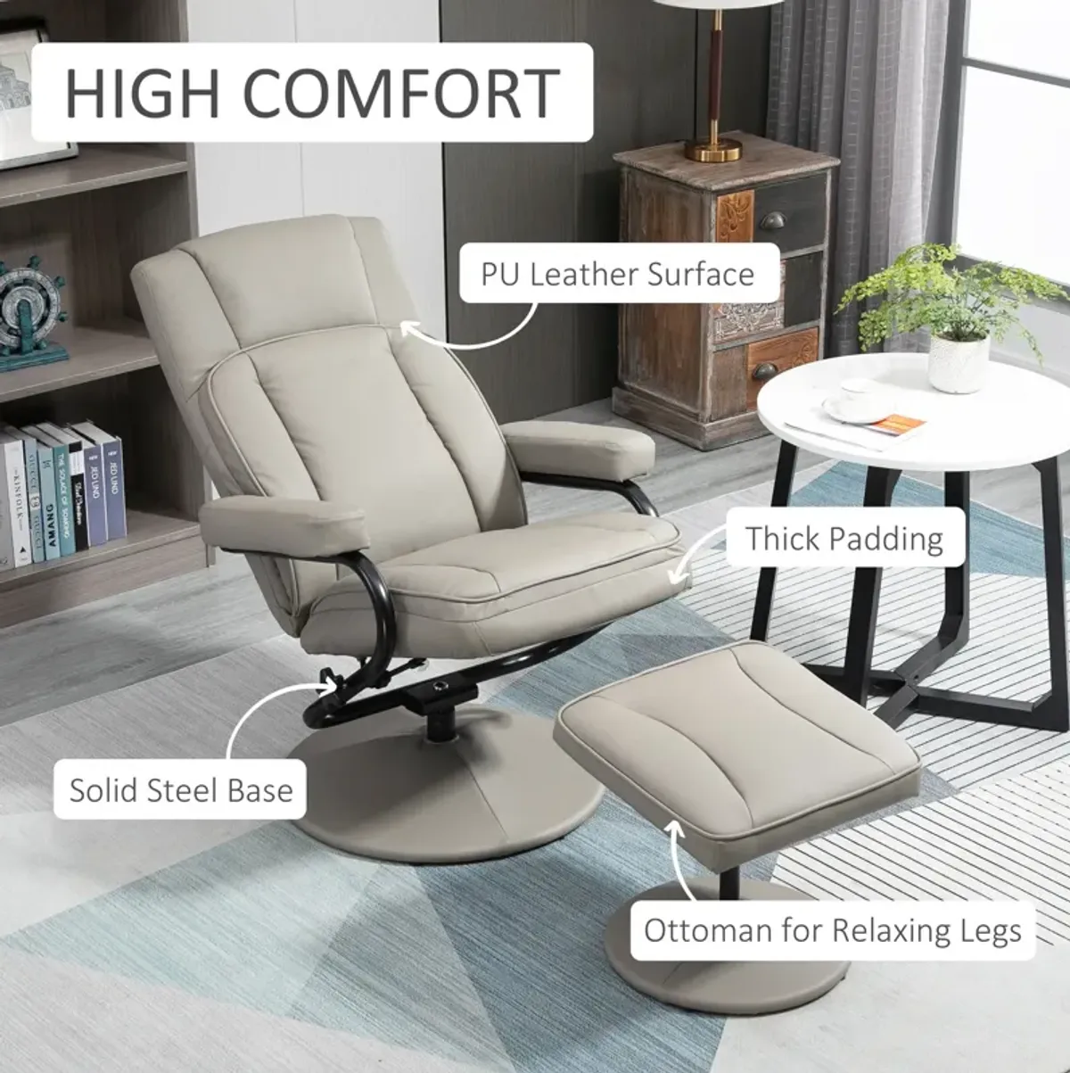 Grey Living Room Set: Swivel Recliner with Ottoman in PU Leather