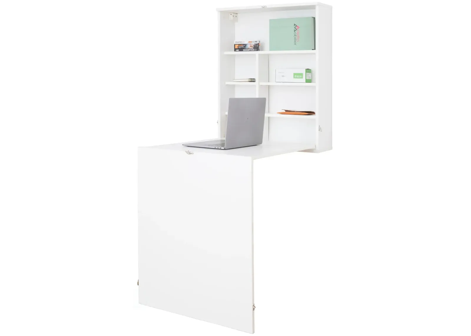 Wall Mount Laptop Fold-out Desk with Shelves, White