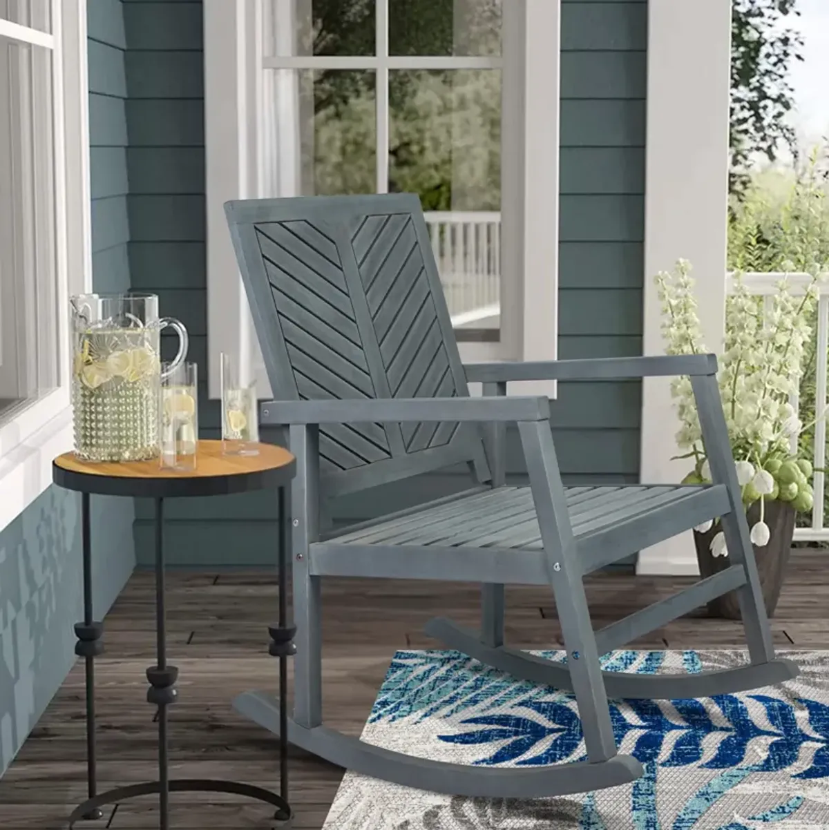 Ned Modern Chevron-Back 300-Lbs Support Acacia Wood Patio Outdoor Rocking Chair