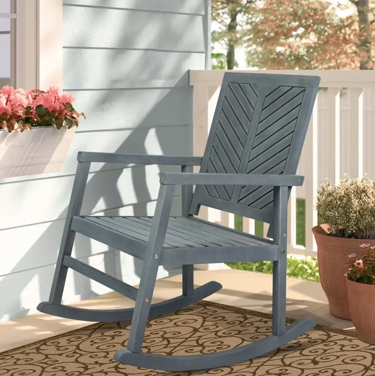 Ned Modern Chevron Back Acacia Wood Patio Outdoor Rocking Chair