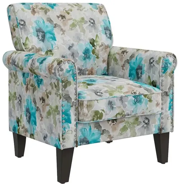 HL Home Furnishings Rolled Armchairs with Nailheads in Blue and Gray Floral
