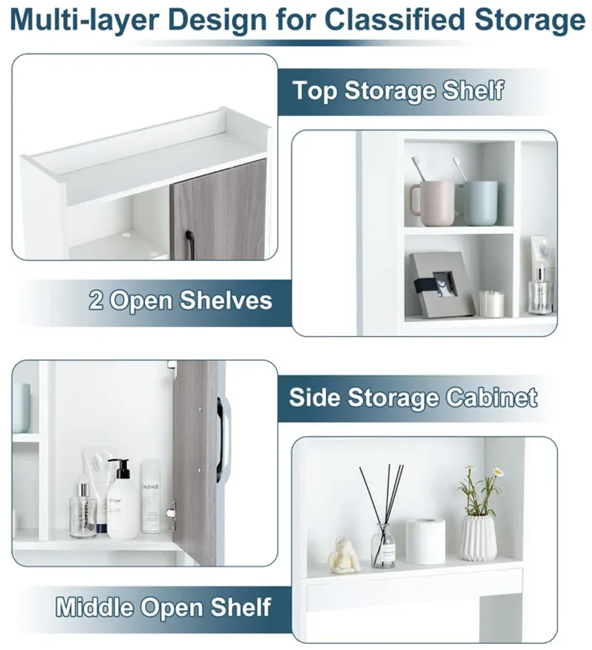 Costway Over The Toilet Storage Cabinet Bathroom Space Saver w/ Open Shelves & Door