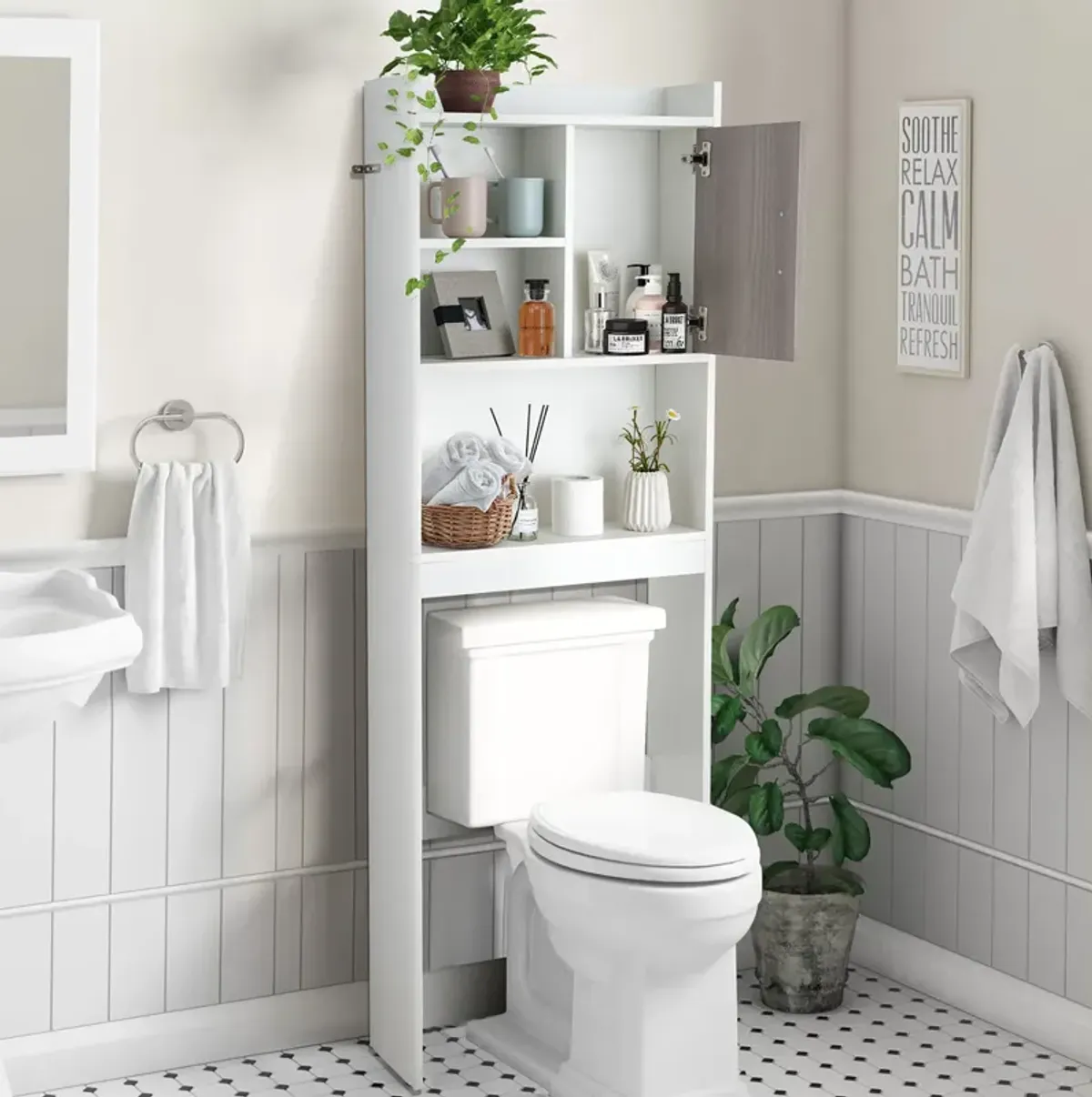 Costway Over The Toilet Storage Cabinet Bathroom Space Saver w/ Open Shelves & Door